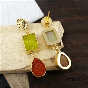 Druzy Gemstone Earrings, Gold Plated Dangle Drop Earrings, Textured Earring, Gemstone Earring Jewelry