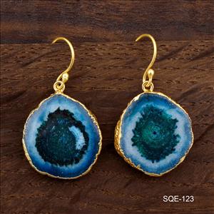 Blue Natural Solar Quartz Gemstone Earring, Hook Earrings Gold Electroplated Earrings Finding Fashion Jewelry (SQE-121)