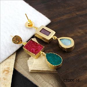 Agate Druzy Gemstone, Gold Plated Stud Earring, Leaf Designer Earrings, Druzy Earrings Jewelry