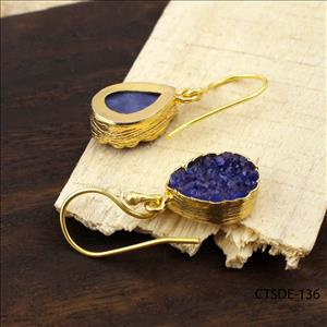 Blue Agate Druzy Gemstone, Natural Gemstone Jewelry, Gold Plated Earrings, Gemstone jewelry (CTSDE-134)