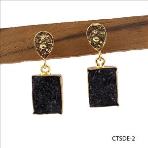 Agate Druzy Earring, Double Stone Stud Earring, Natural Druzy Gemstone Earring, Gold Plated Earring Jewelry (CTSDE-1)