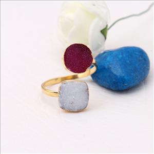 Natural Multi Agate Druzy Gemstone Gold Plated, Adjustable Ring, Multi Gemstone Rings Wholesale Jewelry (EJ-1938)