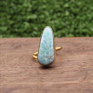 Larimar Gemstone Ring, Gold Plated Gemstone Ring, Adjustable Stylish Rings, Handmade Rings Jewelry (EJ-752)