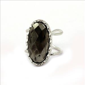 Labradorite, Pyrite Gemstone Rings, Oval Shape Double Line Handmade Ring, Plated Stacking Ring, Dainty Gemstone Ring (GIR-23)