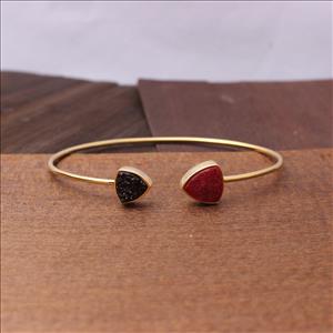 Natural Agate Druzy Gemstone - Handmade & Gold Plated Bangle -Two stone Bangle -Adjustable Finding Jewelry(EJ-1271)