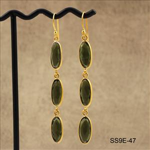 925 Sterling Silver Earrings, Green Tourmaline Gemstone Gold Plated Earrings, Dangle Earrings Finding Jewelry Supplies (SS9E-47)