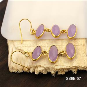 925 Sterling Silver Earrings, Blue Lace Chalcedony Gemstone Earrings, Gold Plated Drop Earrings Gemstone Jewelry (SS9E-57)